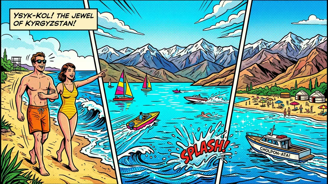 Pop-Art-Comic von Issyk-Kul in Cholpon-Ata, Kirgisistan mit Rasterpunkten