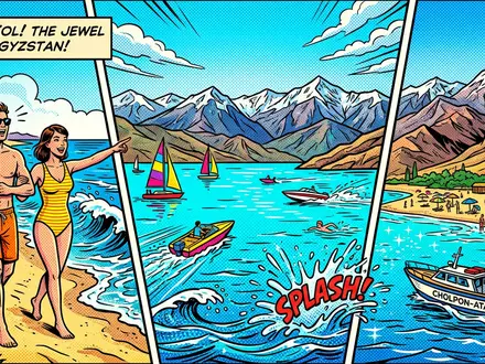 Pop-Art-Comicillustration des Wahrzeichens Issyk-Kul in Cholpon-Ata Kirgisistan, kraeftige Konturen Rasterpunkte und satte Farben - Foto: THN