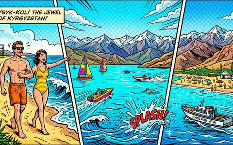 Pop-Art-Comicillustration des Wahrzeichens Issyk-Kul in Cholpon-Ata Kirgisistan, kraeftige Konturen Rasterpunkte und satte Farben - Foto: THN