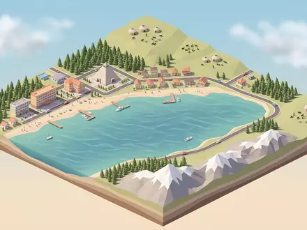 Isometrisches Diorama von Issyk-Kul und Umgebung in Cholpon-Ata Kirgisistan, verspielte Low-Poly-Kulisse in Pastellfarben - Foto: THN