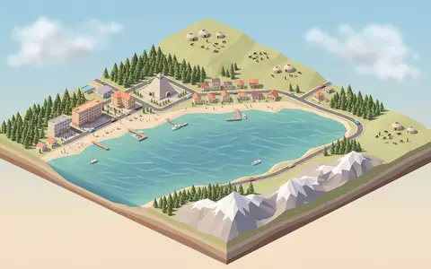 Isometrisches Diorama von Issyk-Kul und Umgebung in Cholpon-Ata Kirgisistan, verspielte Low-Poly-Kulisse in Pastellfarben - Foto: THN