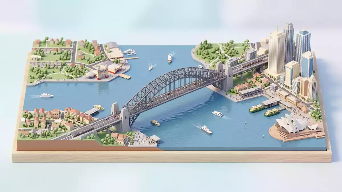 Isometrisches Diorama von Sydney Harbour Bridge in Sydney, Australien in Pastell