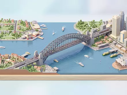 Isometrisches Diorama von Sydney Harbour Bridge und Umgebung in Sydney Australien, verspielte Low-Poly-Kulisse in Pastellfarben - Foto: THN