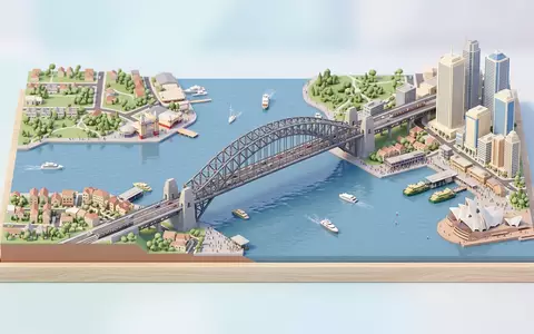 Isometrisches Diorama von Sydney Harbour Bridge und Umgebung in Sydney Australien, verspielte Low-Poly-Kulisse in Pastellfarben - Foto: THN