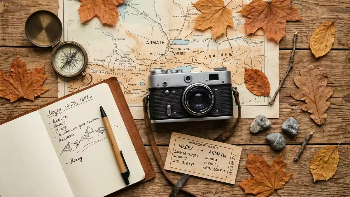 Flatlay-Reise-Arrangement rund um Medeu Almaty in Almaty, Kasachstan