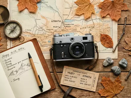Flatlay-Reise-Arrangement rund um Medeu Almaty in Almaty Kasachstan, Karte Kompass Kamera und generische Reiserequisiten - Foto: THN