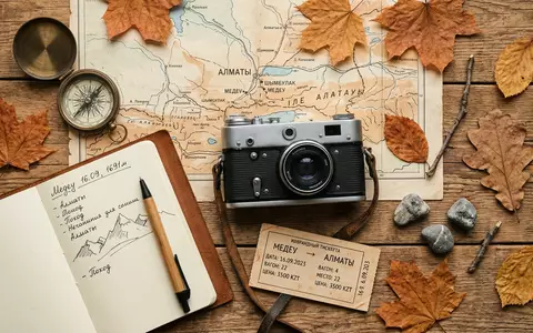 Flatlay-Reise-Arrangement rund um Medeu Almaty in Almaty Kasachstan, Karte Kompass Kamera und generische Reiserequisiten - Foto: THN