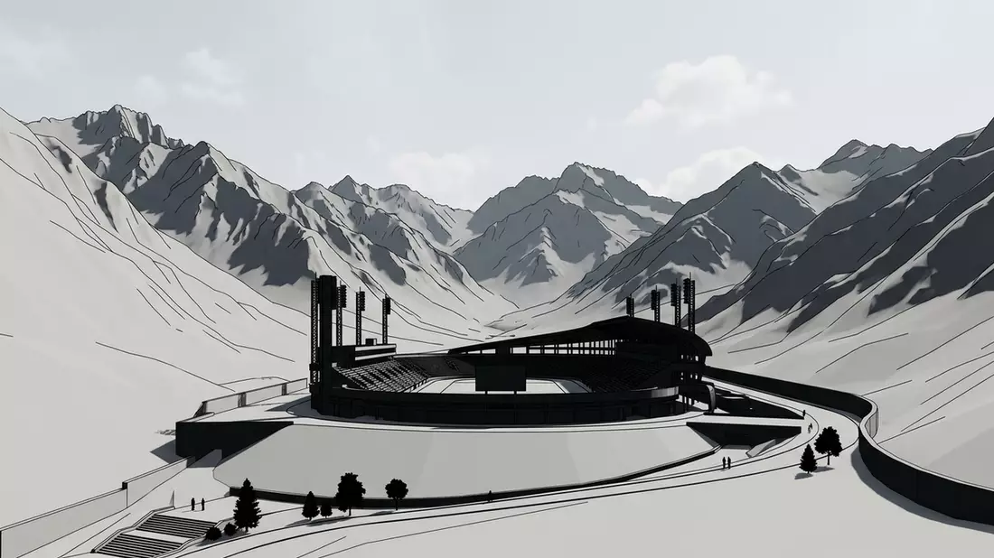 Architektur-Render von Medeu Almaty in Almaty, Kasachstan bei Tageslicht