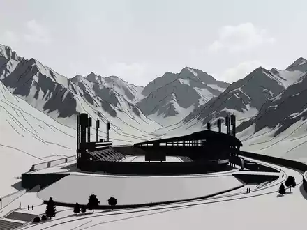 Moderner Architektur-Render zeigt Silhouette von Medeu Almaty in Almaty Kasachstan, klare Linien und neutrales Tageslicht - Foto: THN