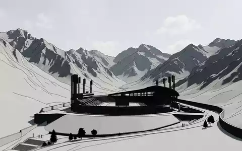 Moderner Architektur-Render zeigt Silhouette von Medeu Almaty in Almaty Kasachstan, klare Linien und neutrales Tageslicht - Foto: THN