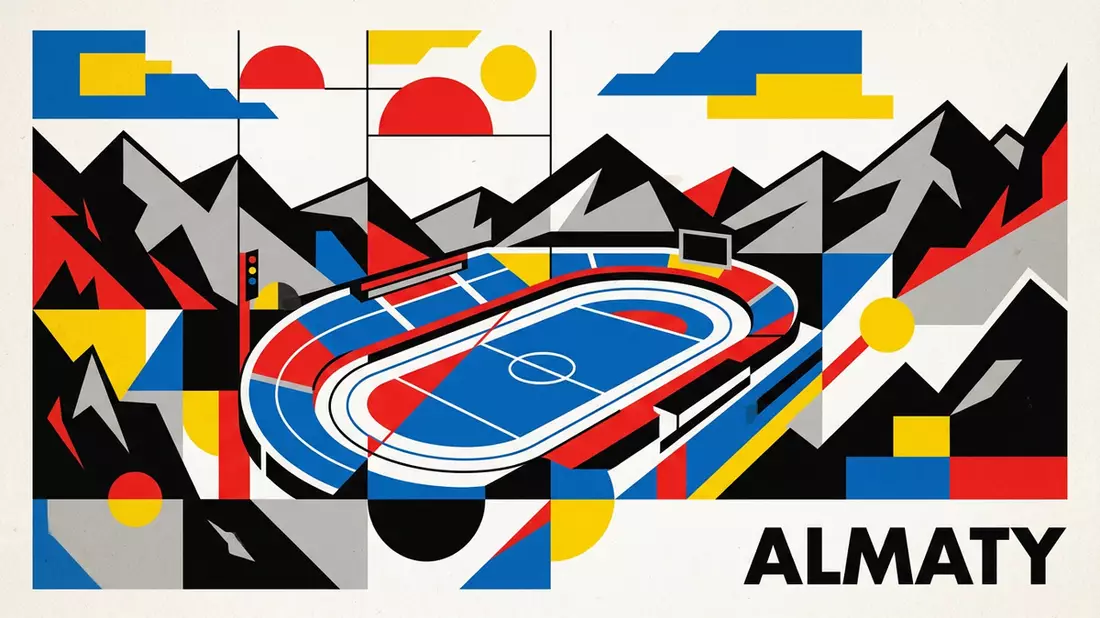 Bauhaus-Poster als Abstraktion von Medeu Almaty in Almaty, Kasachstan