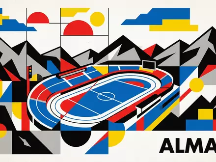 Bauhaus-Poster als geometrische Abstraktion von Medeu Almaty in Almaty Kasachstan, kraeftige Grundfarben und harte Formkanten - Foto: THN