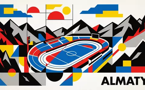 Bauhaus-Poster als geometrische Abstraktion von Medeu Almaty in Almaty Kasachstan, kraeftige Grundfarben und harte Formkanten - Foto: THN