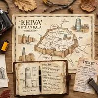 Flatlay-Reise-Arrangement rund um Itchan Kala Chiwa in Chiwa Usbekistan, Karte Kompass Kamera und generische Reiserequisiten - Foto: THN