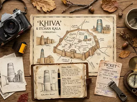 Flatlay-Reise-Arrangement rund um Itchan Kala Chiwa in Chiwa Usbekistan, Karte Kompass Kamera und generische Reiserequisiten - Foto: THN