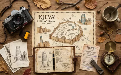 Flatlay-Reise-Arrangement rund um Itchan Kala Chiwa in Chiwa Usbekistan, Karte Kompass Kamera und generische Reiserequisiten - Foto: THN