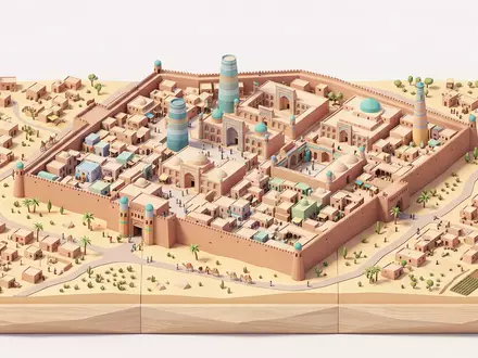 Isometrisches Diorama von Itchan Kala Chiwa und Umgebung in Chiwa Usbekistan, verspielte Low-Poly-Kulisse in Pastellfarben - Foto: THN
