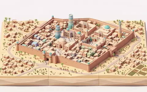 Isometrisches Diorama von Itchan Kala Chiwa und Umgebung in Chiwa Usbekistan, verspielte Low-Poly-Kulisse in Pastellfarben - Foto: THN