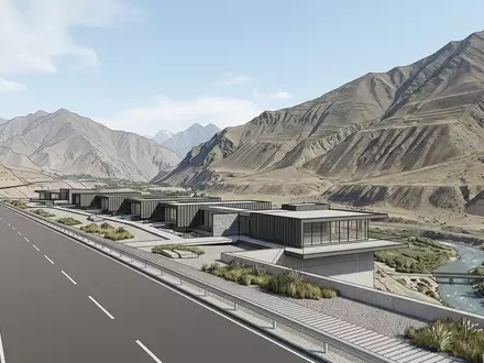 Moderner Architektur-Render zeigt Silhouette von Pamir Highway in Chorugh Tadschikistan, klare Linien und neutrales Tageslicht - Foto: THN