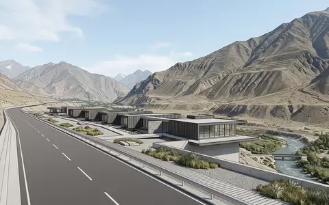 Moderner Architektur-Render zeigt Silhouette von Pamir Highway in Chorugh Tadschikistan, klare Linien und neutrales Tageslicht - Foto: THN