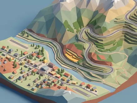 Isometrisches Diorama von Pamir Highway und Umgebung in Chorugh Tadschikistan, verspielte Low-Poly-Kulisse in Pastellfarben - Foto: THN