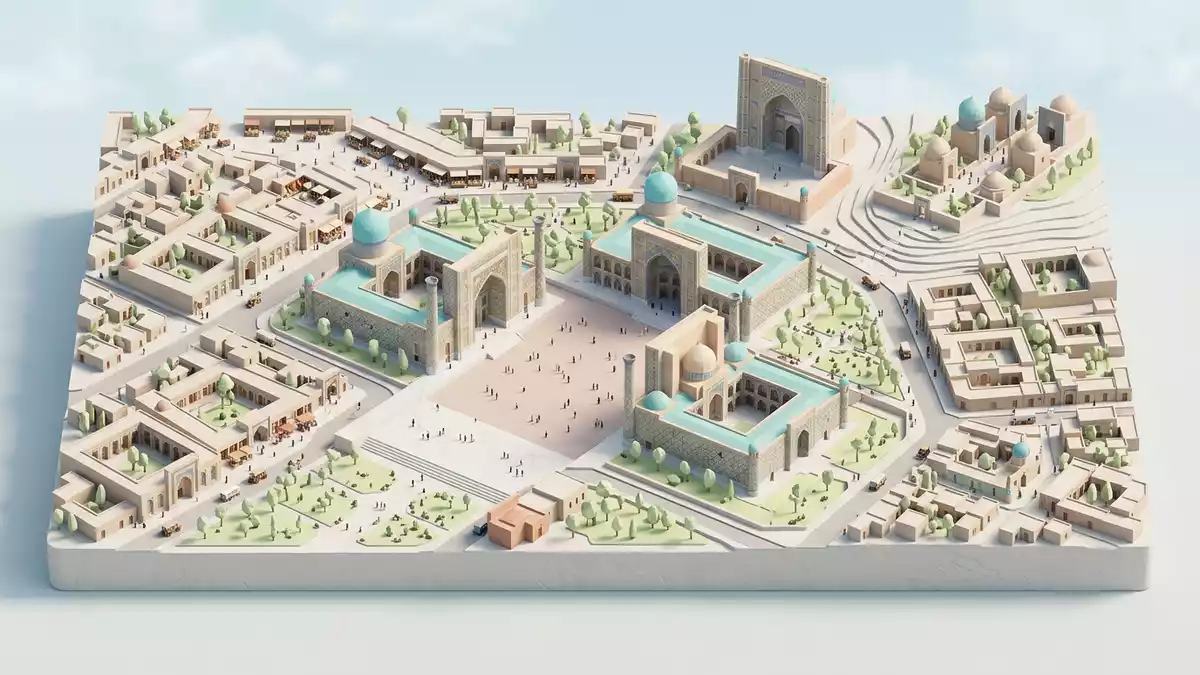 Isometrisches Diorama von Registan Samarkand in Samarkand, Usbekistan in Pastell
