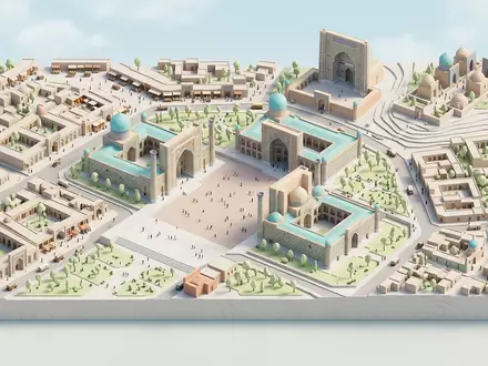 Isometrisches Diorama von Registan Samarkand und Umgebung in Samarkand Usbekistan, verspielte Low-Poly-Kulisse in Pastellfarben - Foto: THN