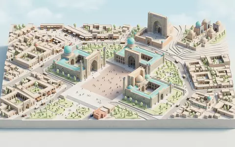 Isometrisches Diorama von Registan Samarkand und Umgebung in Samarkand Usbekistan, verspielte Low-Poly-Kulisse in Pastellfarben - Foto: THN