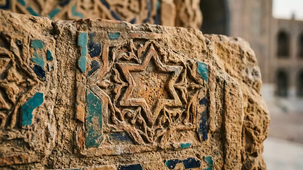 Makroaufnahme eines Materialdetails am Wahrzeichen Registan Samarkand, Samarkand Usbekistan