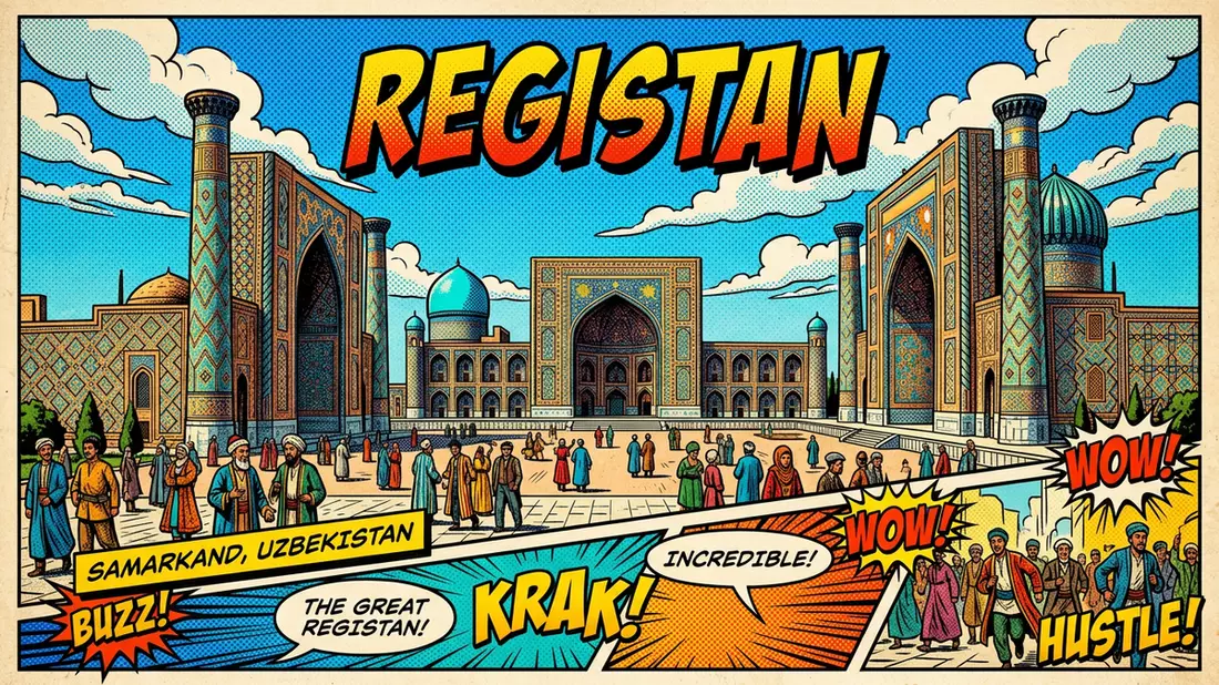Pop-Art-Comic von Registan Samarkand in Samarkand, Usbekistan mit Rasterpunkten