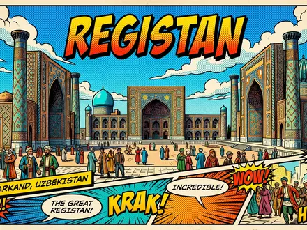 Pop-Art-Comicillustration des Wahrzeichens Registan Samarkand in Samarkand Usbekistan, kraeftige Konturen Rasterpunkte und satte Farben - Foto: THN