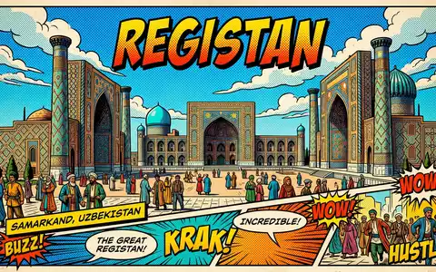 Pop-Art-Comicillustration des Wahrzeichens Registan Samarkand in Samarkand Usbekistan, kraeftige Konturen Rasterpunkte und satte Farben - Foto: THN