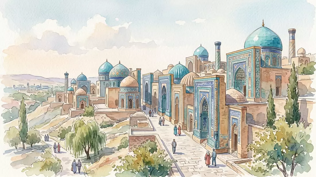 Aquarell-Illustration von Shah-i-Sinda Samarkand in Samarkand, Usbekistan als Reiseposter
