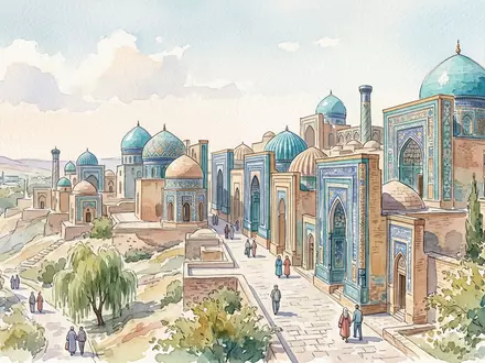 Aquarellillustration des Wahrzeichens Shah-i-Sinda Samarkand in Samarkand Usbekistan, weiche Farbverläufe und pastelliges Reiseposter-Feeling - Foto: THN