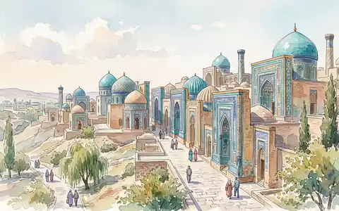 Aquarellillustration des Wahrzeichens Shah-i-Sinda Samarkand in Samarkand Usbekistan, weiche Farbverläufe und pastelliges Reiseposter-Feeling - Foto: THN