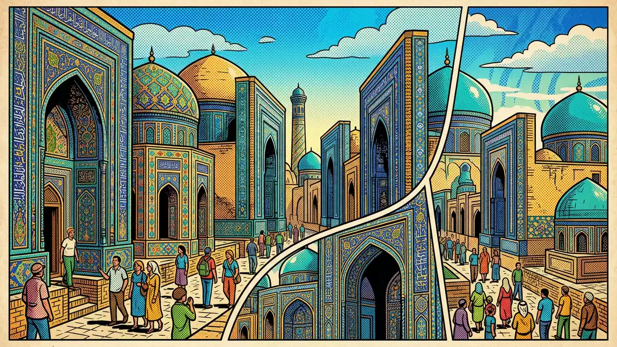 Pop-Art-Comic von Shah-i-Sinda Samarkand in Samarkand, Usbekistan mit Rasterpunkten