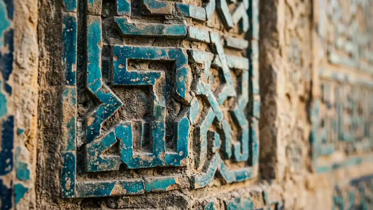 Makroaufnahme eines Materialdetails am Wahrzeichen Bibi-Chanum-Moschee, Samarkand Usbekistan