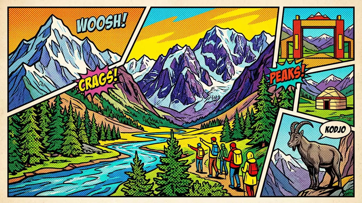 Pop-Art-Comic von Ala-Archa-Nationalpark in Bischkek, Kirgisistan mit Rasterpunkten