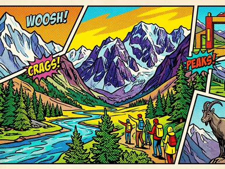 Pop-Art-Comicillustration des Wahrzeichens Ala-Archa-Nationalpark in Bischkek Kirgisistan, kraeftige Konturen Rasterpunkte und satte Farben - Foto: THN
