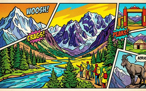 Pop-Art-Comicillustration des Wahrzeichens Ala-Archa-Nationalpark in Bischkek Kirgisistan, kraeftige Konturen Rasterpunkte und satte Farben - Foto: THN