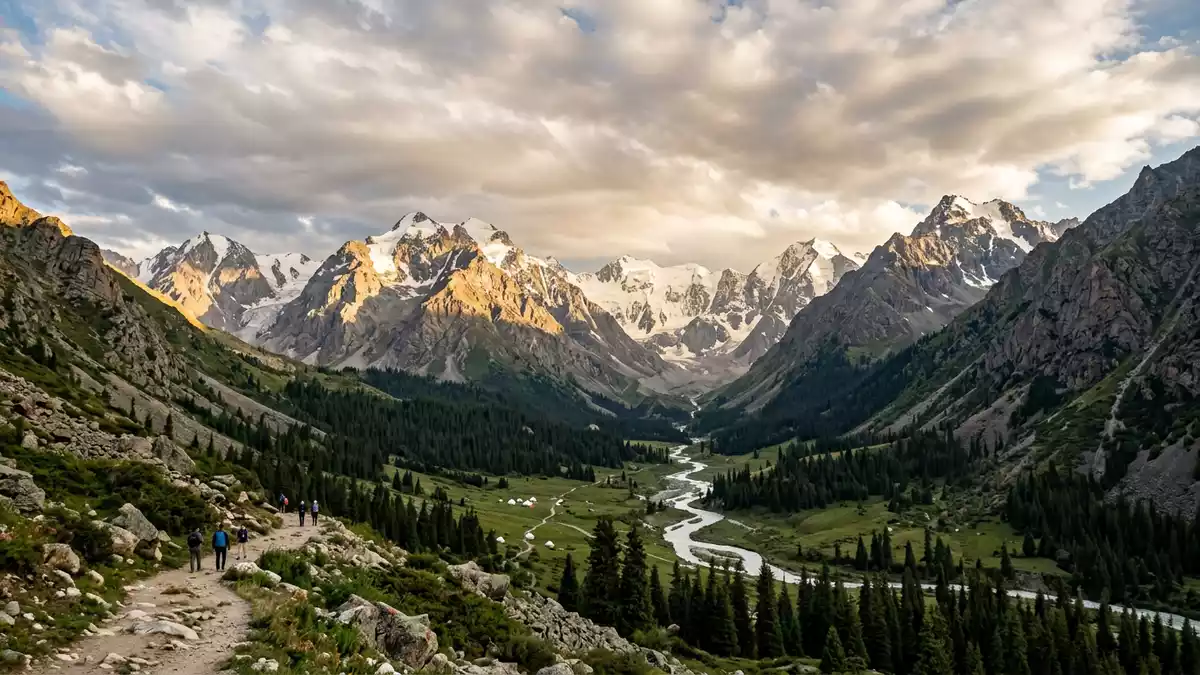 Fotorealistische Ansicht von Ala-Archa-Nationalpark in Bischkek, Kirgisistan im Abendlicht