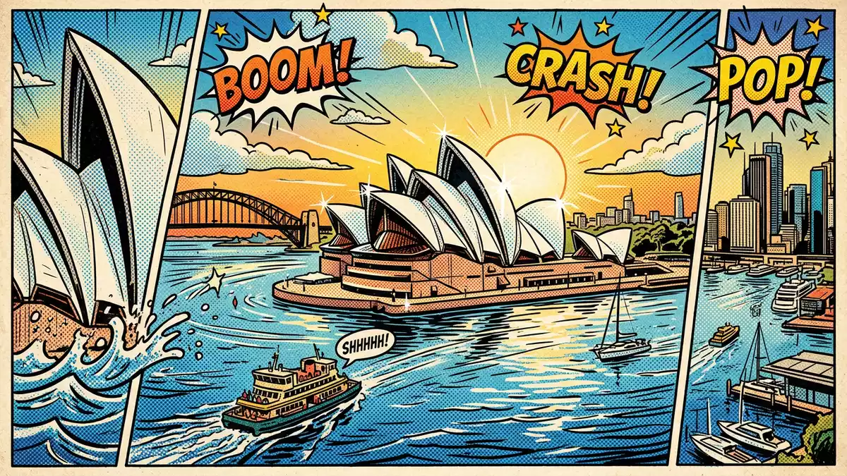 Pop-Art-Comic von Sydney Opera House in Sydney, Australien mit Rasterpunkten