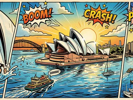 Pop-Art-Comicillustration des Wahrzeichens Sydney Opera House in Sydney Australien, kraeftige Konturen Rasterpunkte und satte Farben - Foto: THN