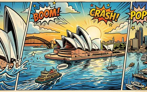 Pop-Art-Comicillustration des Wahrzeichens Sydney Opera House in Sydney Australien, kraeftige Konturen Rasterpunkte und satte Farben - Foto: THN