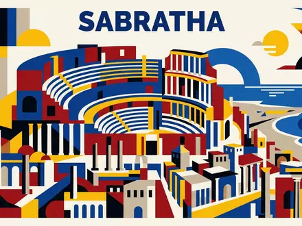 Bauhaus-Poster als geometrische Abstraktion von Romisches Theater Sabratha in Sabratha Libyen, kraeftige Grundfarben und harte - Foto: THN