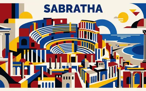 Bauhaus-Poster als geometrische Abstraktion von Romisches Theater Sabratha in Sabratha Libyen, kraeftige Grundfarben und harte - Foto: THN