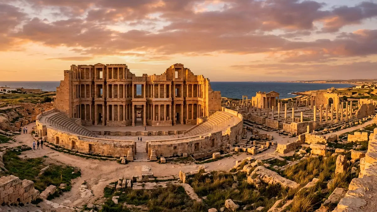 Fotorealistische Ansicht von Romisches Theater Sabratha in Sabratha, Libyen im Abendlicht