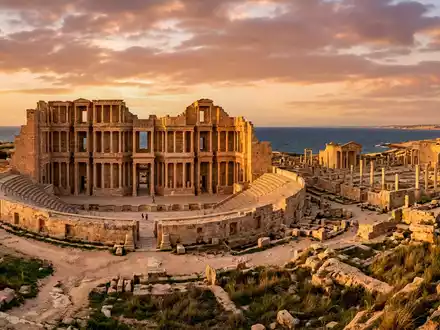 Fotorealistische Panoramaaufnahme von Romisches Theater Sabratha in Sabratha Libyen, warmes Abendlicht auf Wahrzeichen - Foto: THN