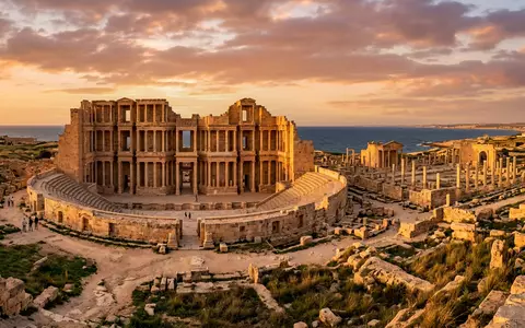 Fotorealistische Panoramaaufnahme von Romisches Theater Sabratha in Sabratha Libyen, warmes Abendlicht auf Wahrzeichen - Foto: THN