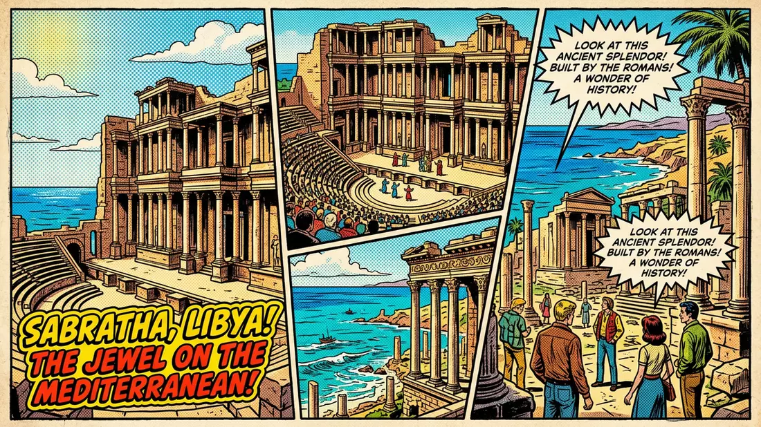 Pop-Art-Comic von Romisches Theater Sabratha in Sabratha, Libyen mit Rasterpunkten